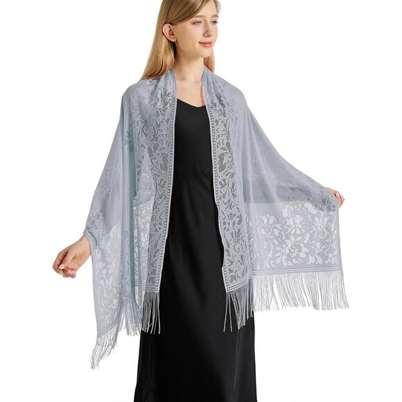 Women Gray Lace Floral Shawls and Wraps Bridal HeadScarf for Evening Dress - Picture 4 of 6